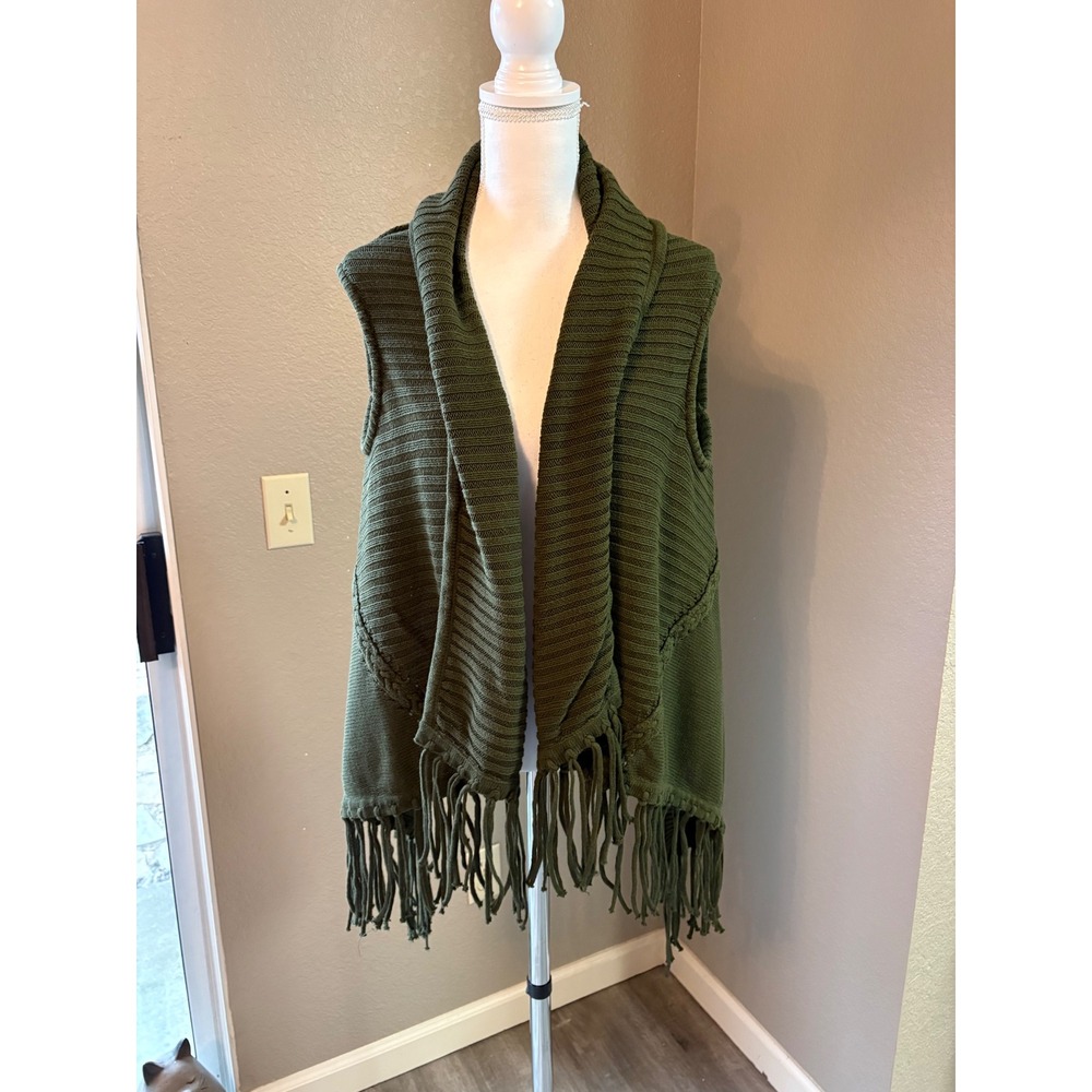 Silver Jeans Co Womens Olive Green Ribbed Knit Fringe Shawl‎ Collar Vest Large
